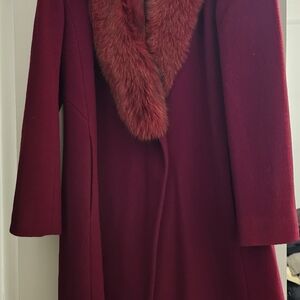 Elegant Red Coat with Genuine Fur Collar